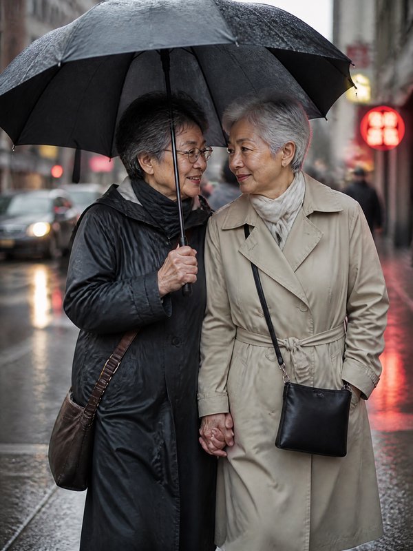 Two elderly women sharing a black umbrella in the rain on a city street.