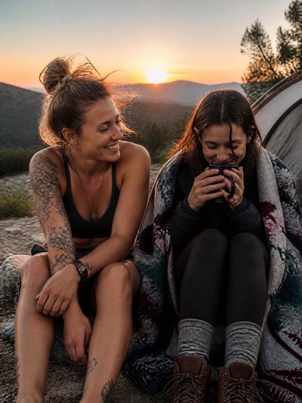 Two women camping at sunset, sitting on a rock with a blanket, smiling together.