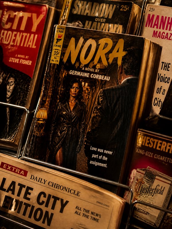 Magazine rack featuring noir novel 'NORA' by Germaine Corbeau with moody lighting.