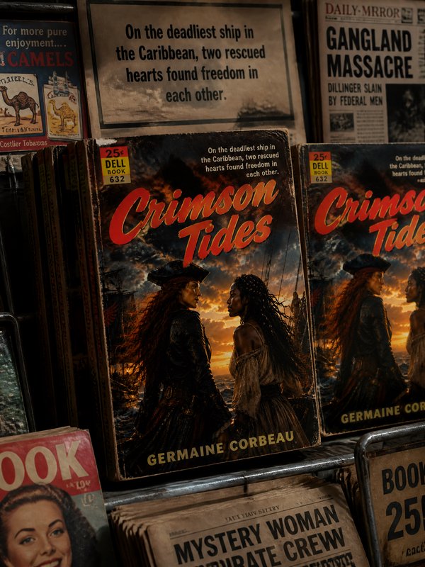 Two women facing each other on the cover of Crimson Tides, with a sunset backdrop.