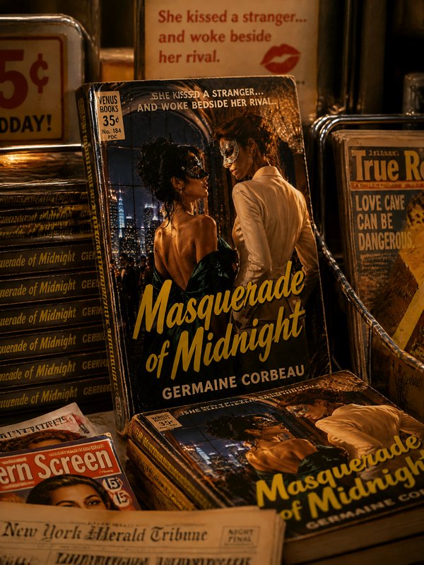 Close-up of a vintage romance novel cover, "Masquerade of Midnight," on a bookstore shelf.