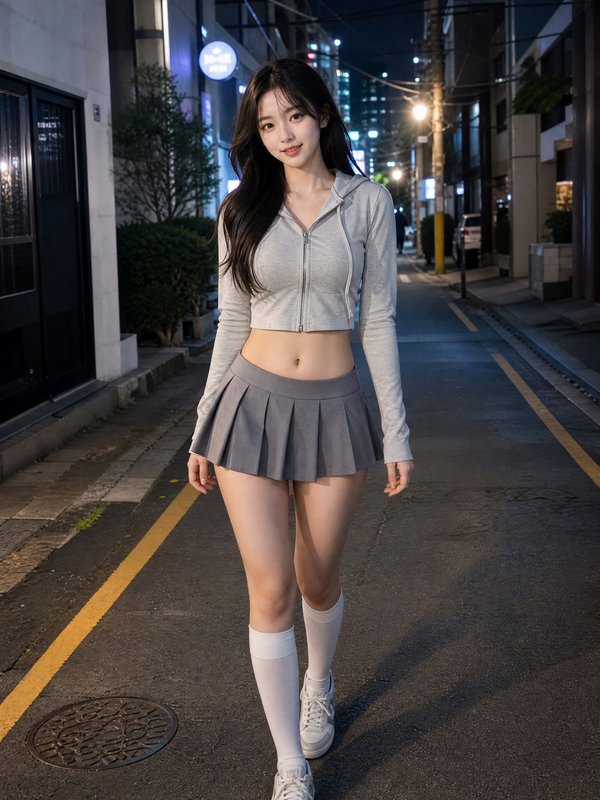 Young woman in a gray cropped hoodie and pleated mini skirt posing on a city street at night.