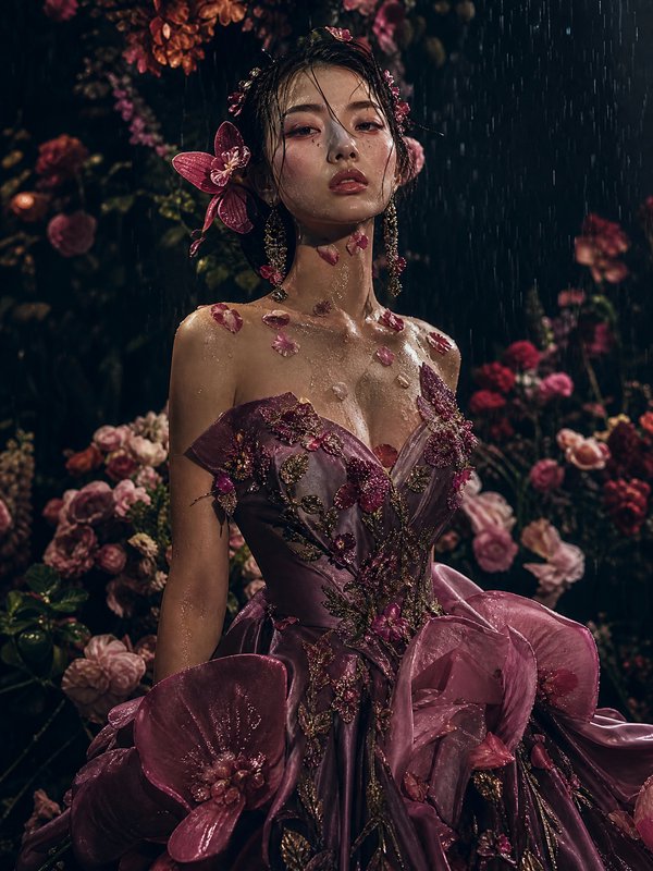 Elegant woman in a pink floral gown standing in the rain among blooming roses.