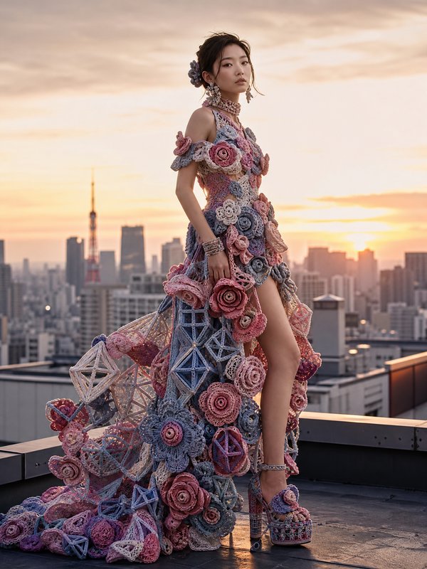Woman in a crocheted floral gown on a rooftop at sunset, pastel roses and geometric motifs.