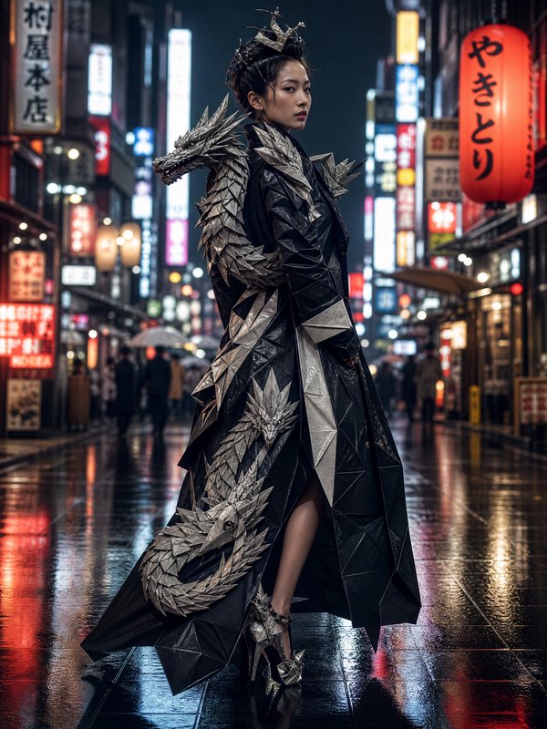 Woman in dragon-scale, origami-inspired armor on a rain-soaked neon city street at night.