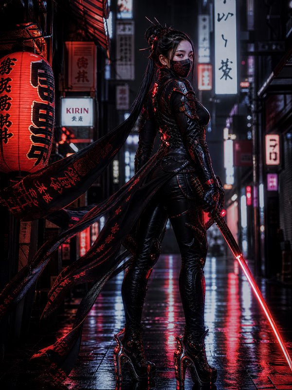Woman in black tactical armor with a glowing red sword in a neon-lit urban alley at night.