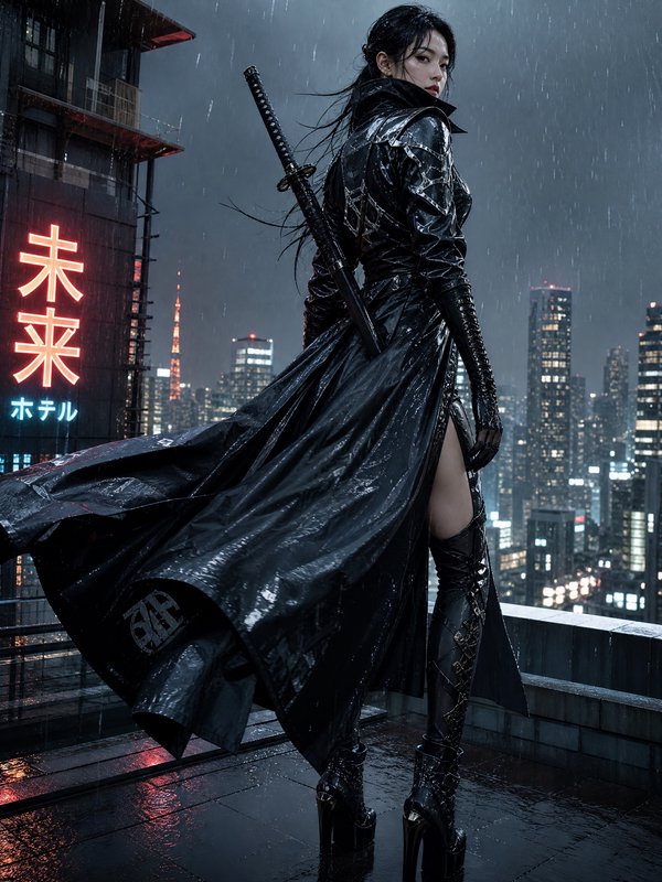 Female warrior in a black trench coat with a katana on a rainy rooftop over a neon-lit city