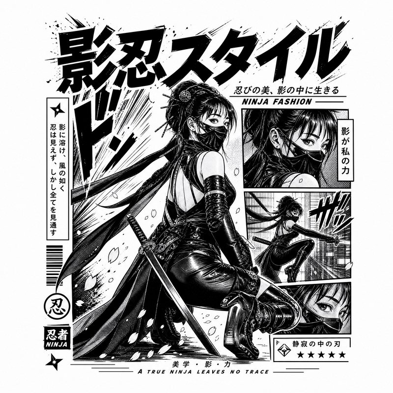 Black-and-white manga panel featuring a female ninja in a sleek leather outfit with a sword.