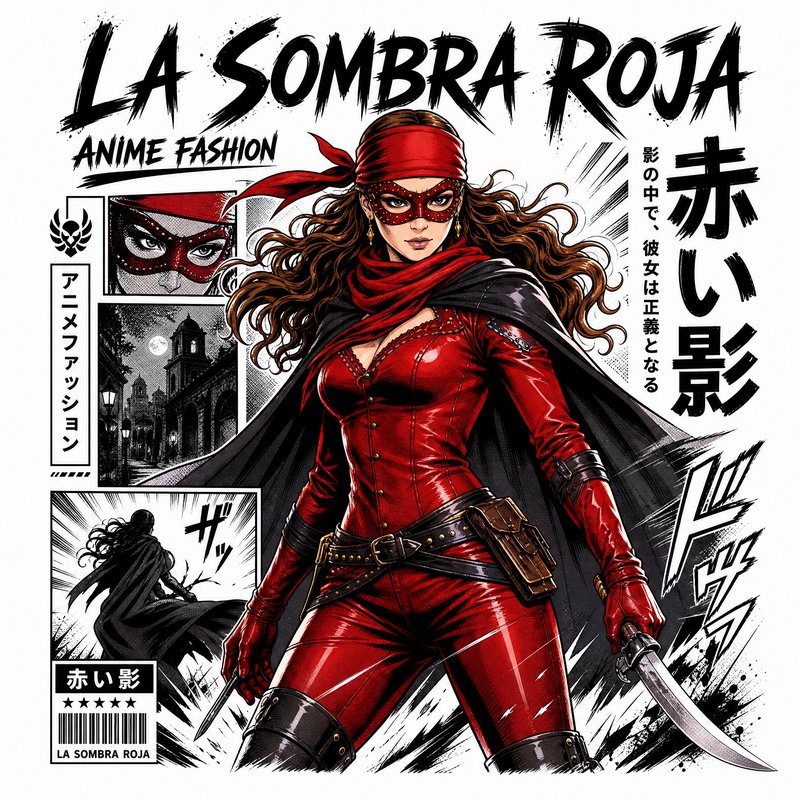Stylized manga cover featuring a red-clad female vigilante in mask, cape, and sword.