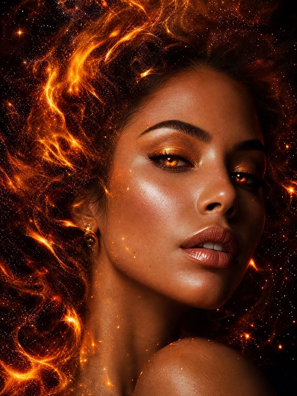 Close-up portrait of a woman with fiery, flame-like hair and golden makeup.