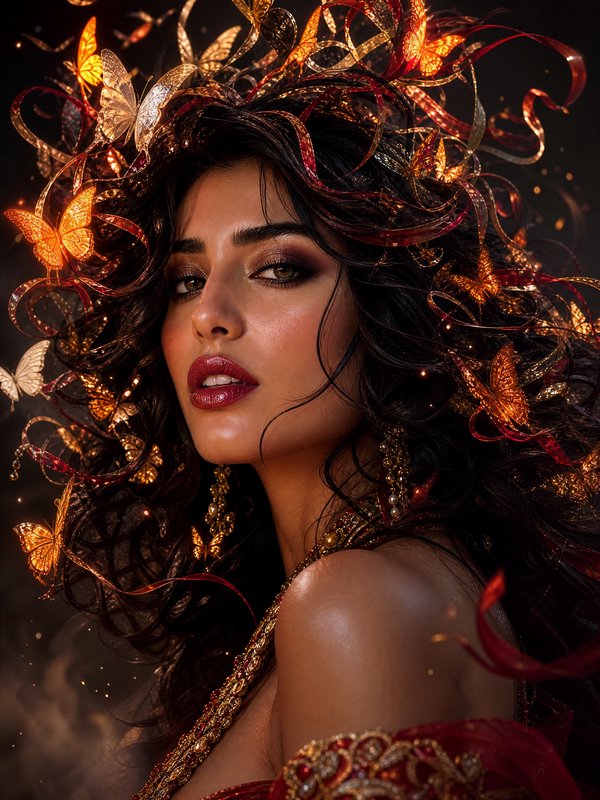Portrait of a woman with dark hair adorned by golden butterfly ornaments and swirling ribbons.
