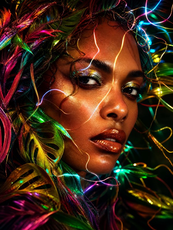Close-up portrait of a woman with colorful neon lights and tropical leaves in her hair.