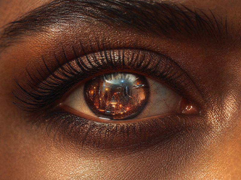 Close-up of a brown eye with a city lights reflection in the iris.