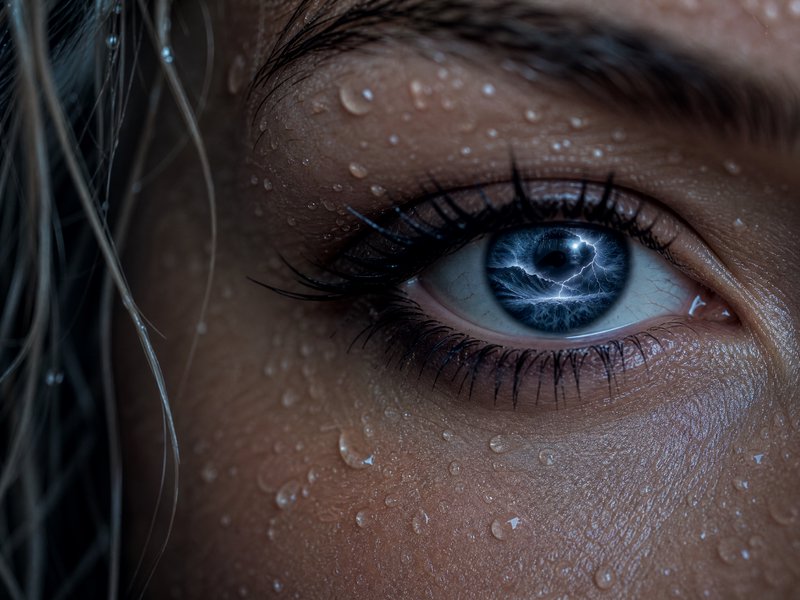Close-up of a blue eye with water droplets on skin and a lightning reflection in the iris.