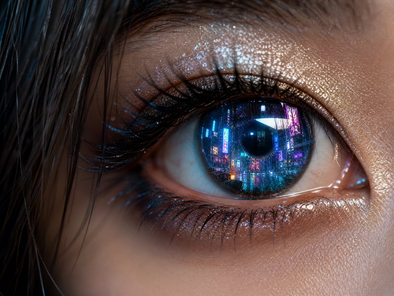 Close-up of a glittery eyelid with neon city lights reflected in the iris.