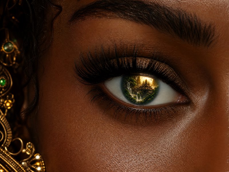 Close-up of a dark-skinned eye with a canyon/temple reflection in the pupil and ornate jewelry along the eyelid.