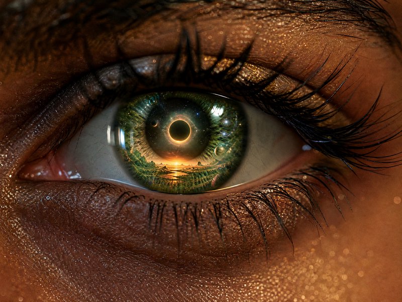 Close-up of a human eye with a surreal space scene reflected in the iris.