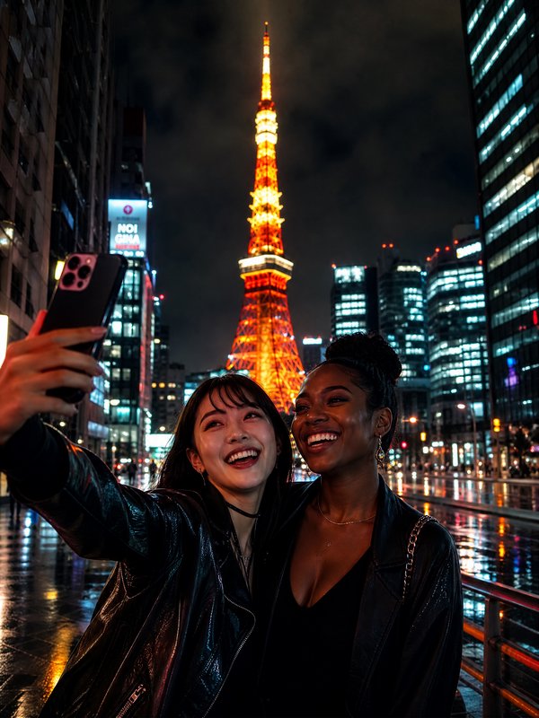 Two friends take a night selfie with Tokyo Tower lit up in the background.