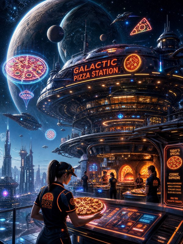 Futuristic Galactic Pizza Station on a space station with neon lights and distant planets.