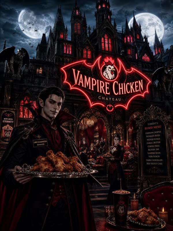 Gothic vampire-themed restaurant exterior with a neon "Vampire Chicken" sign and a waiter holding fried chicken.