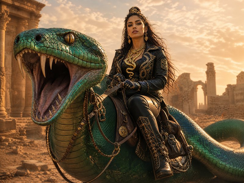 Woman in leather armor rides a large emerald dragon among ancient ruins at sunset.