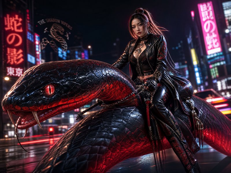 Woman in black leather outfit riding a massive black snake in neon-lit cityscape.
