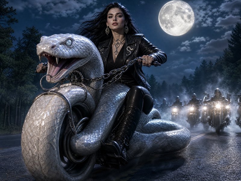 Woman in a black leather jacket rides a giant white snake-shaped motorcycle at night.