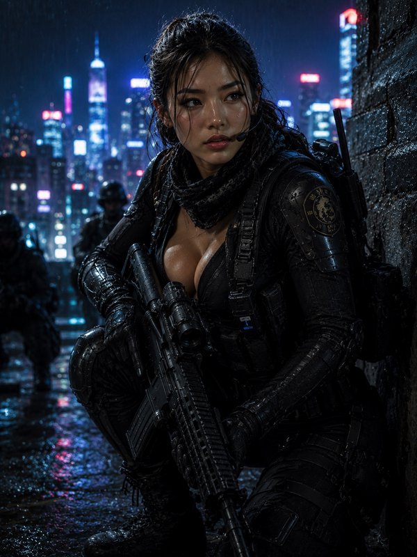 Female soldier in black tactical gear crouching with a rifle in the rain against a neon-lit cityscape.