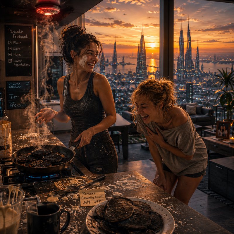 Two happy women cooking pancakes in a rooftop kitchen at sunset with a city skyline backdrop.