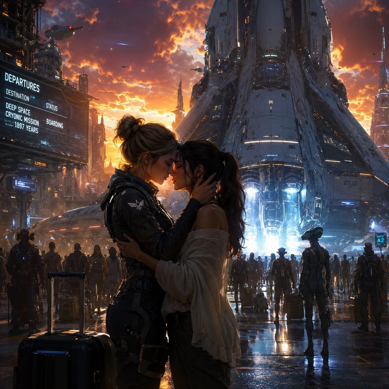 Two women kiss in a neon-lit futuristic spaceport with a massive spaceship and crowds.