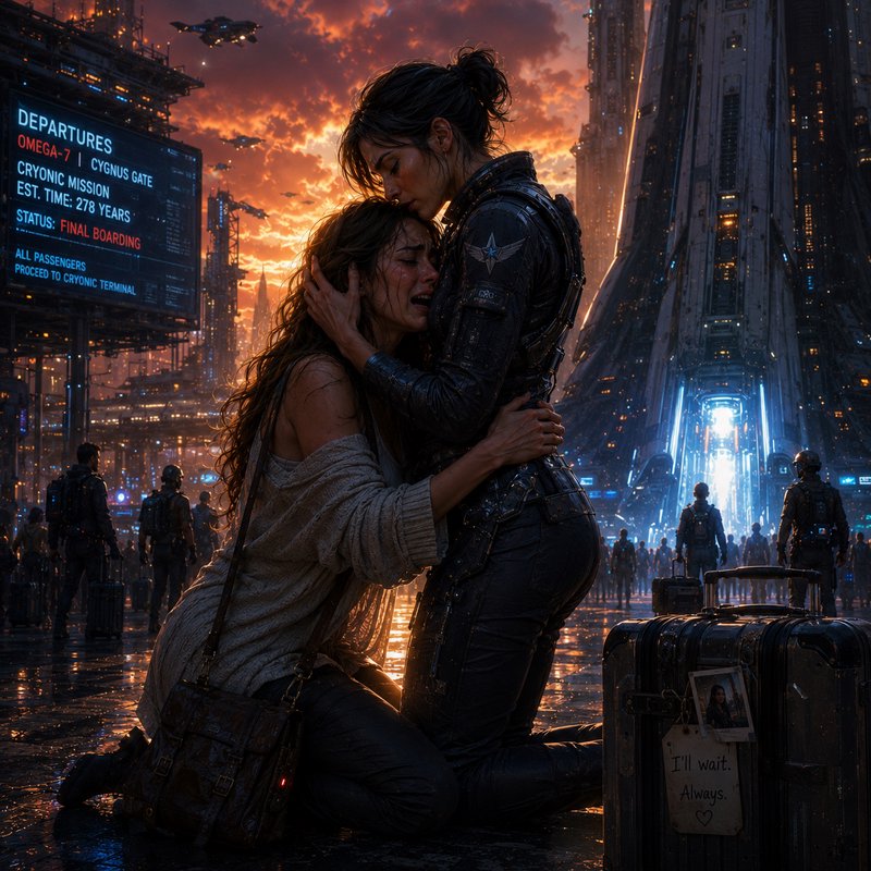 Two women embrace in a neon-lit futuristic city at sunset, with a departures sign and luggage nearby.