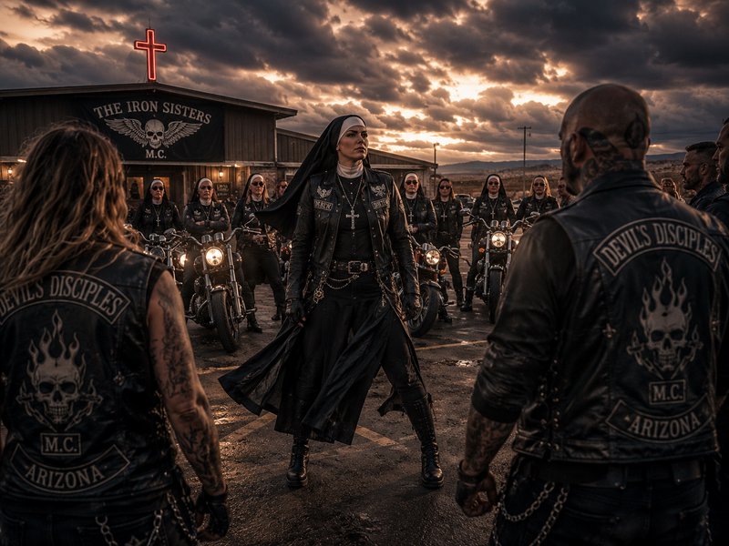 Female biker nun leads Devils Disciples MC members outside a desert bar at sunset.