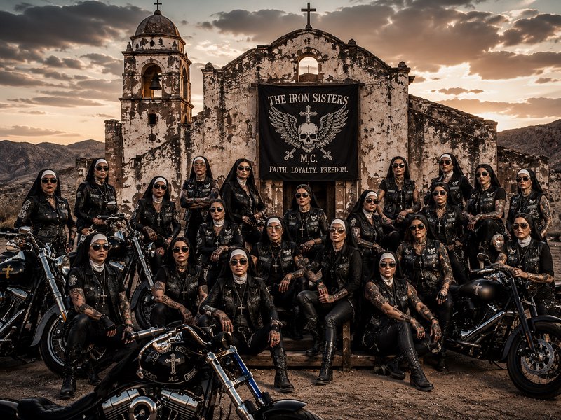 A large group of female motorcyclists in black leather gear pose with bikes in front of a ruined church bearing a banner