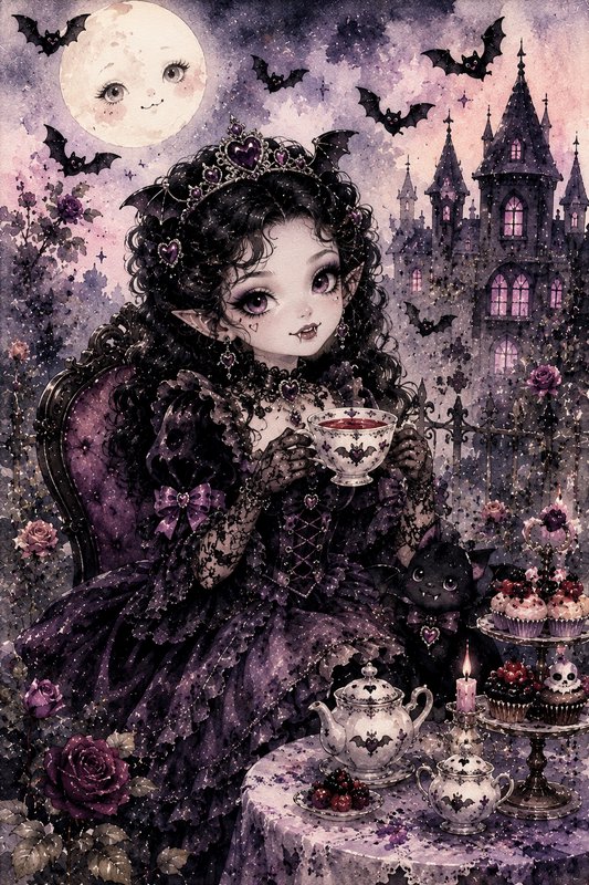 Gothic anime girl with dark curls in a lace purple dress sipping tea, moonlit castle and bats in the background.
