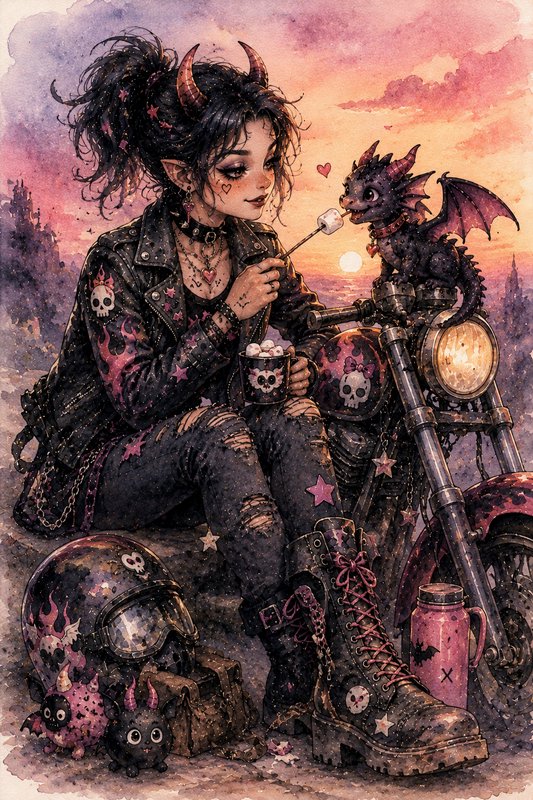 Goth punk girl with horns sits on a motorcycle at sunset, sharing a marshmallow with a tiny dragon.