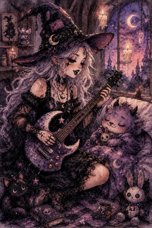 Witch in a black lace dress and hat plays a purple guitar by a moonlit window.