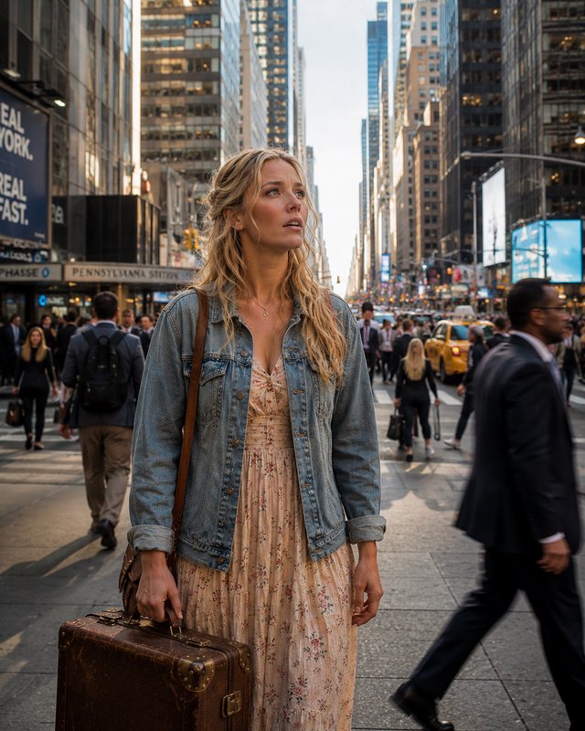 Woman in denim jacket and floral dress holding vintage suitcase on crowded city street.