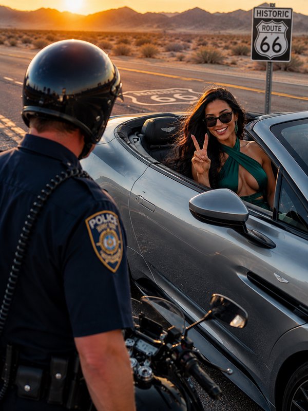 Police officer on motorcycle chats with a smiling woman in a silver convertible by Route 66 at sunset.