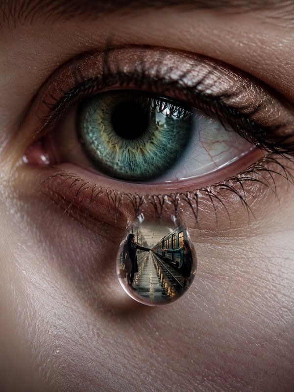 Close-up of a blue-green eye with a teardrop reflecting a train platform.