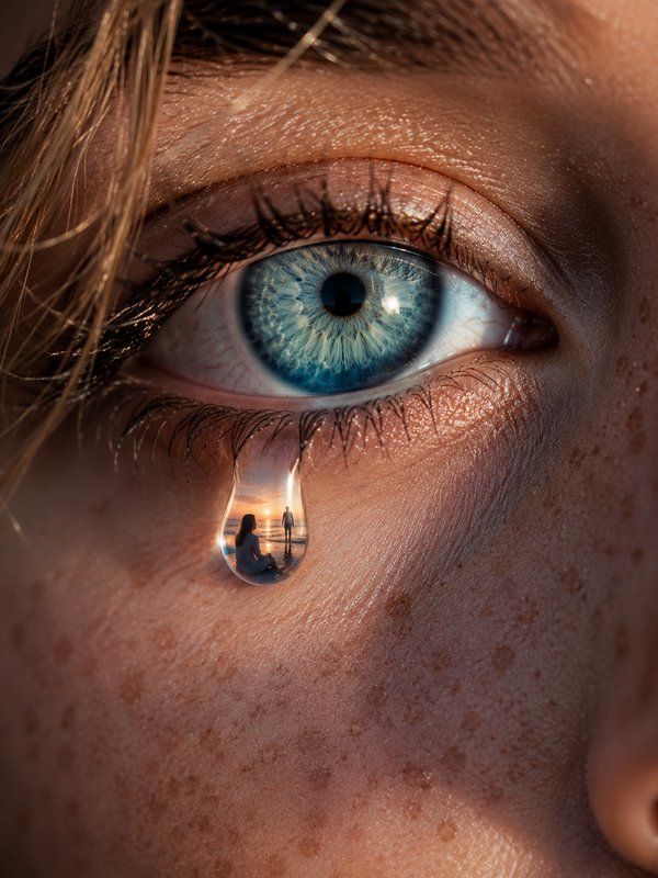 Close-up blue eye with a teardrop reflecting a sunset scene of two people.