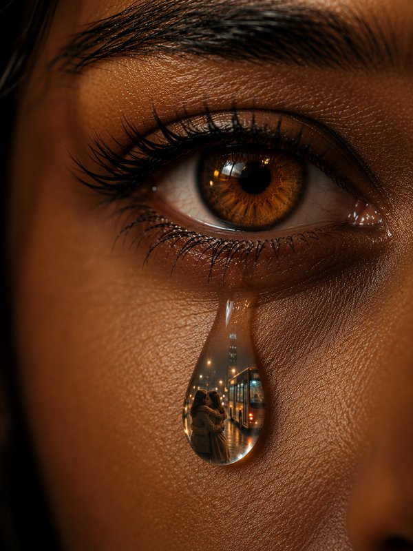 Close-up of a hazel eye with a teardrop reflecting a couple hugging on a city street at night.
