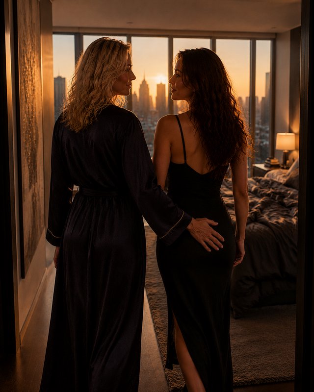 Two women in evening gowns stand in a hotel room at sunset, facing each other with hands joined, city skyline visible thro...