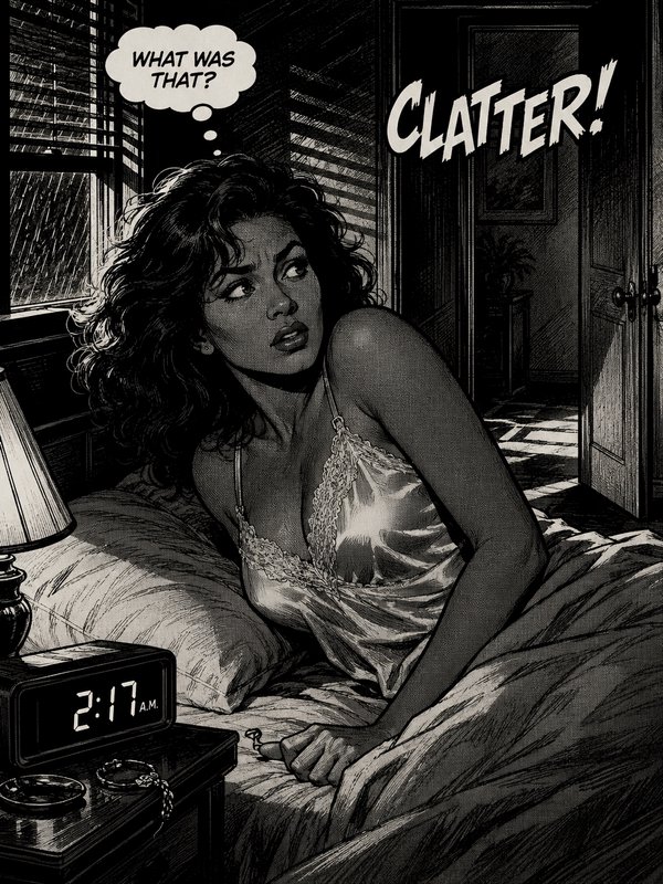 Noir comic panel of a woman in satin nightwear on a bed at 2:17 am, alarm clock nearby, door ajar, thinking “What was