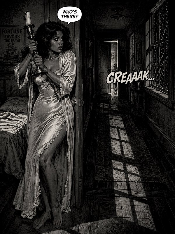 Woman in a satin robe holding a candle in a dark hallway, horror comic panel.