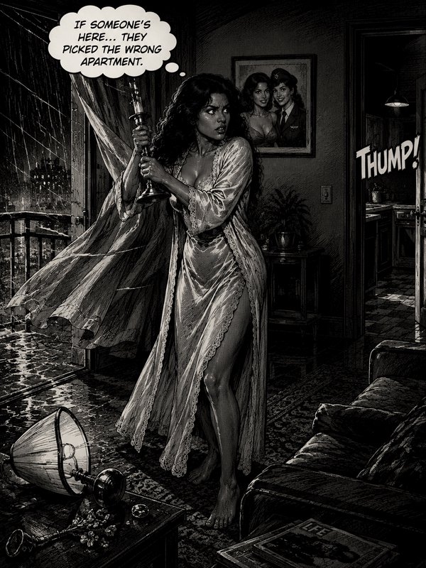 A noir horror scene of a woman in a lace robe holding a dagger-like object in a dim apartment, shattered lamp on the floor.
