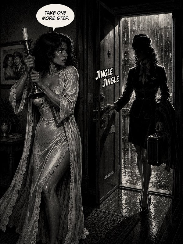 Woman in a lace robe holds a candle as a shadowy figure enters from rain-soaked doorway.