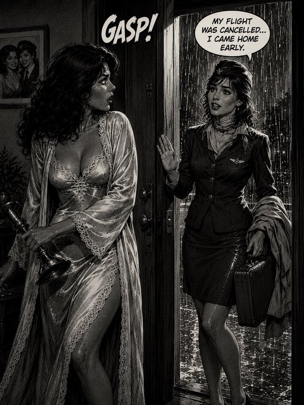 Two women in a vintage noir scene; one in a lace robe with a lamp, the other in a flight attendant uniform at a