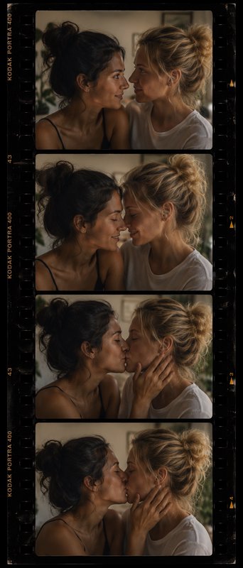 Two women kissing, filmed across a vertical film-strip collage with dark hair and blonde hair.