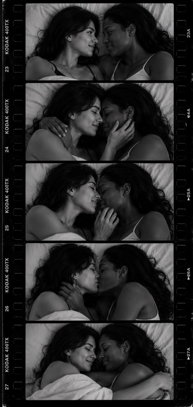 Black-and-white filmstrip of two women cuddling and kissing in bed.
