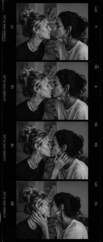 Two women kissing in black-and-white film-strip frames (close-up).